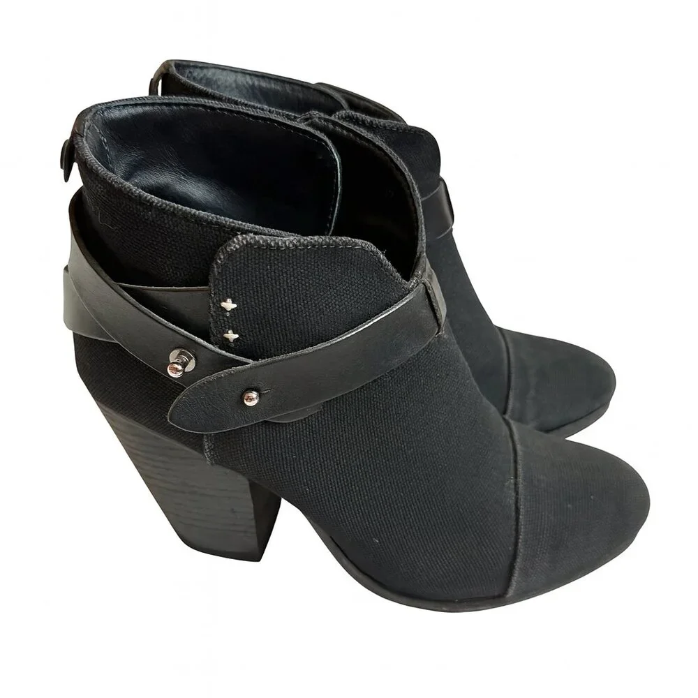 Rag Rag & Bone Harrow Black Canvas Leather Strap Ankle Booties Size 37 - Picture 1 of 12
